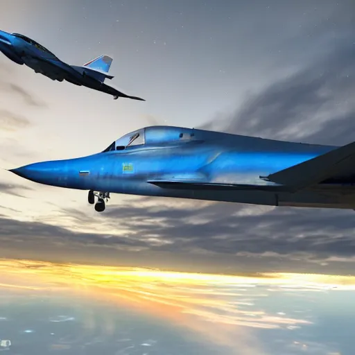 Prompt: two jets, flying towards each other, parallel planes, blue explosion in the background, realistic, 4 k, hdr, cinematic scene, clouds, movie scene