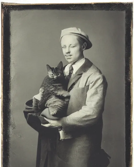 Image similar to gentlemen wearing a hat and wearing a baby sling on the back with a kitten in the sling, studio portrait, golden ratio, backlit