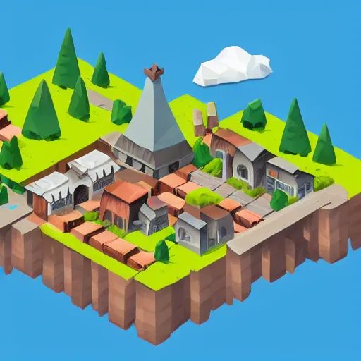 Prompt: small fantasy town, view from above, isometric, stylized, low poly, river, watermill