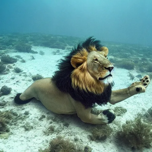 Prompt: photo of lion swimming underwater,