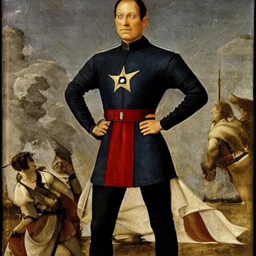 Image similar to starfleet uniform, a knight of the round table in starfleet uniform, by agnolo bronzino and giovanni bellini