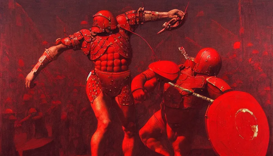 Image similar to only with red, an armored gladiator in a crowded roman amphitheatre, crowd cheering, in the style of beksinski and edward hopper and rodcenko and yue minjun and rolf armstrong, intricate and epic composition, red by caravaggio, highly detailed, masterpiece, red light, artstation