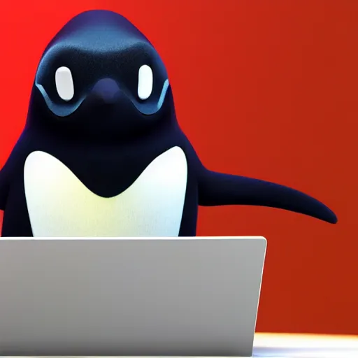 Image similar to pingu sitting behind a computer, 3 d render,, art, epic lighting