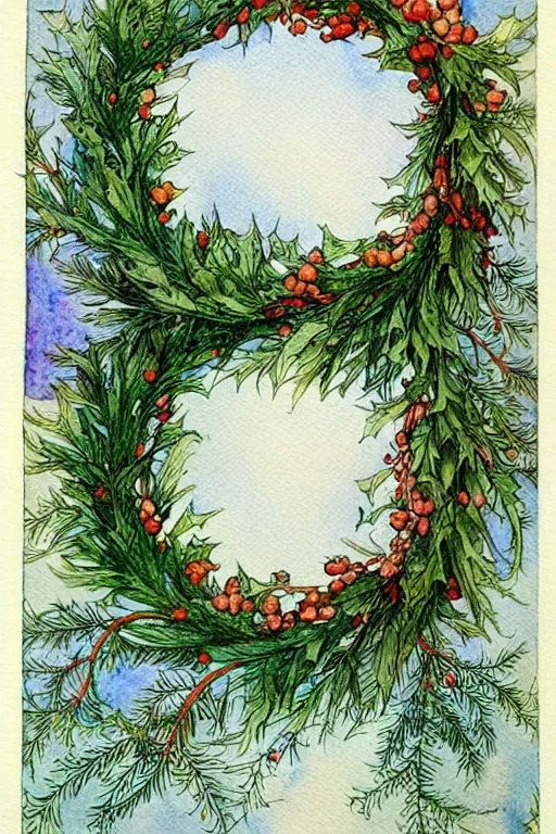 Image similar to realistic watercolor painting of one wreath of holly centered on a white background, detailed art by kay nielsen and walter crane, illustration style, watercolor