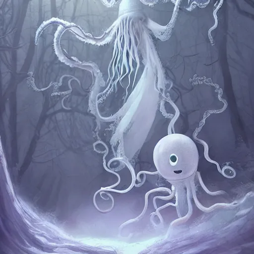 Image similar to an ethereal dream like fantasy fluffy ghost like spooky live action muppet wraith like figure with a squid like parasite latched as its head and four long tentacles for arms that flow gracefully at its sides like a cloak while it floats around a frozen rocky tundra in the snow searching for lost souls and that hides amongst the shadows in the trees, this character has cryokinesis and electrokinesis and is a real muppet by sesame street for a spooky halloween special, photo realistic, real, realistic, felt, stopmotion, photography, sesame street