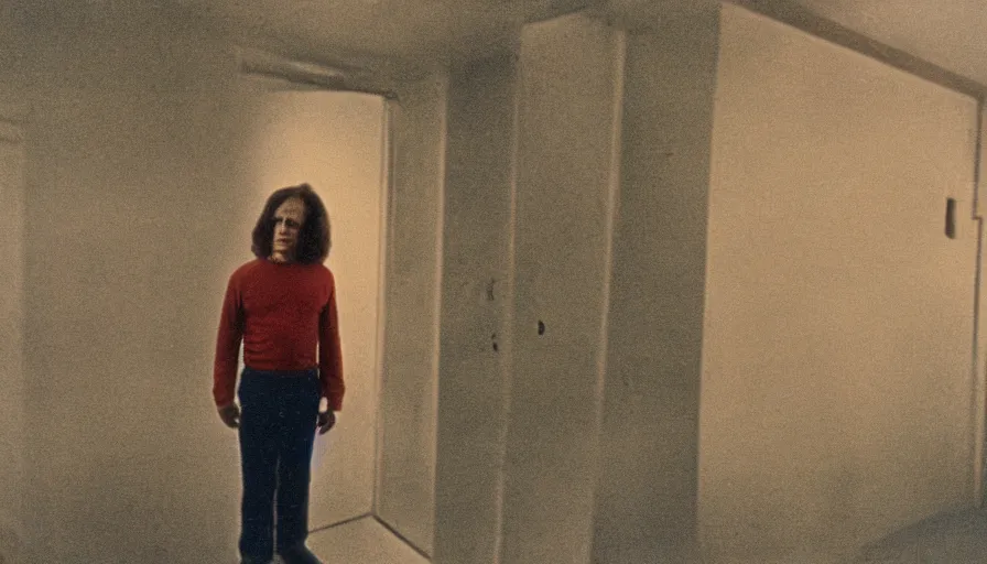 Image similar to 7 0 s film still from a horror movie featuring a person suffering from treacher collins syndrome standing alone in a liminal space, kodachrome, cinecolor, cinestill, photorealism, cinematic, film grain, film texture, vhs recording