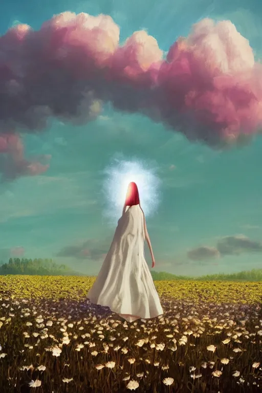 Image similar to giant white daisy flowers as head, girl with veil walking in a flower field, surreal photography, sunrise, dramatic light, impressionist painting, colorful clouds, digital painting, artstation, simon stalenhag