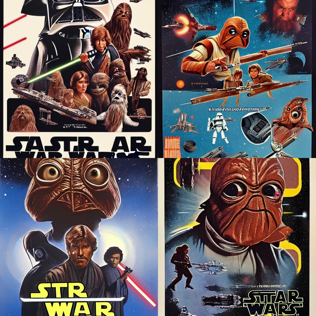 Prompt: Star Wars (1977) poster except everyone is Admiral Ackbar. Highly detailed film poster.