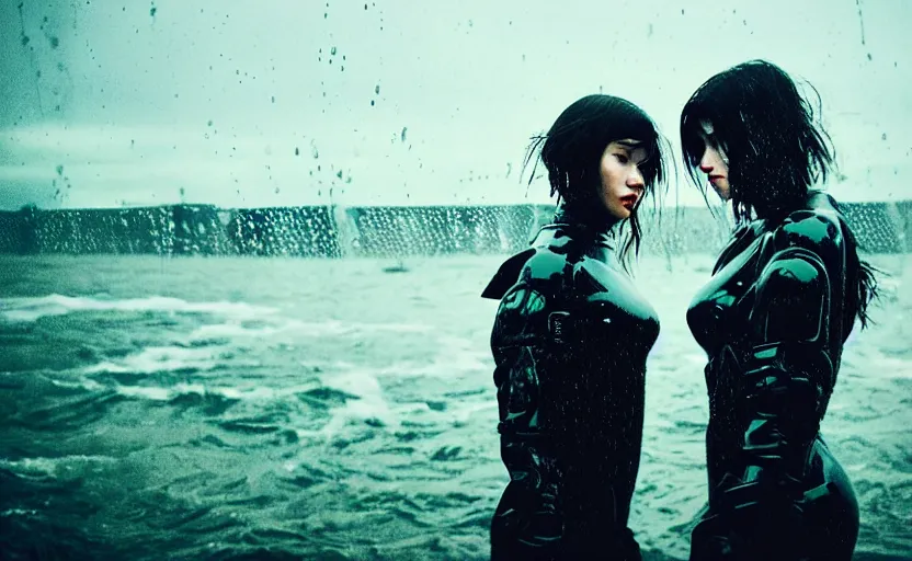 Image similar to cinestill 5 0 d candid action photographic portrait by quentin tarantino of two loving female androids wearing rugged black mesh techwear in treacherous waters, extreme closeup, modern cyberpunk retrofuturism moody emotional cinematic, pouring iridescent rain, 8 k, hd, high resolution, 3 5 mm, f / 3 2, motion blur, ultra realistic faces, ex machina