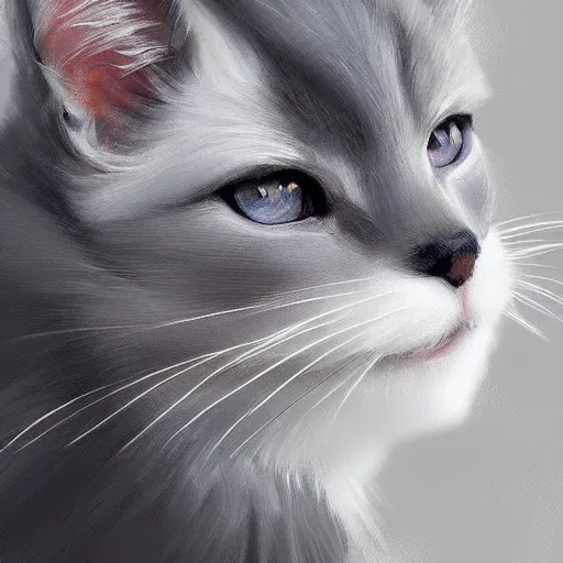 Image similar to beautiful dark grey cat with white belly, white paws and white face markings with long fur and fluffy tail sitting, intricate, elegant, highly detailed, digital painting, artstation, concept art, matte,