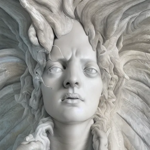 Image similar to realistic digital painting of a stunning intricate cracked white marble falling angel with face of piero angela bernini sculpture, trailing white vapor, mycelium stands and misty xparticles neutral tone background, trending on artstation, hyperrealism, matte painting, subsurface scattering