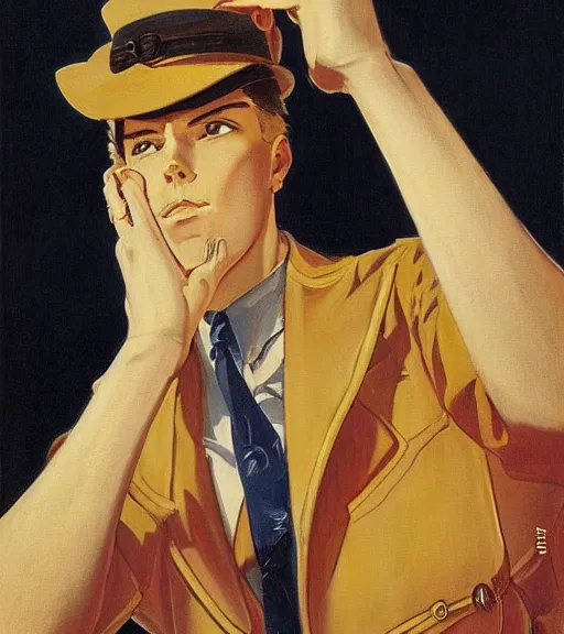 Image similar to j. c. leyendecker painting of an anime man, direct flash photography at night, film grain