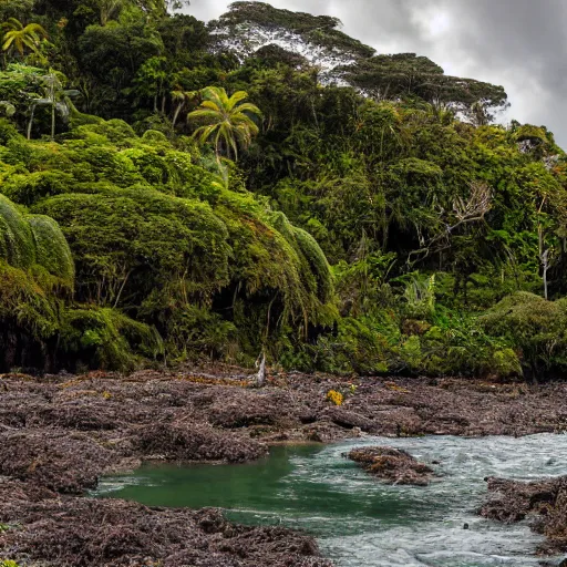 Prompt: View from a small rocky beach of a 200 meter high gorge covered in ancient New Zealand lowland Podocarp forest with vines, epiphytes and Nikau palm trees. A Moa is eating a leaf at the edge of the forest. A small river in the foreground with small brown ducks. Moody stormy day, landscape photography, sunset, 4K