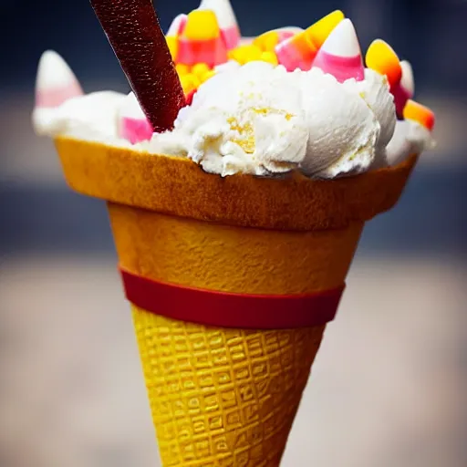 Image similar to a detailed photograph of an ice cream cone studded with candy corn like a medieval mace.