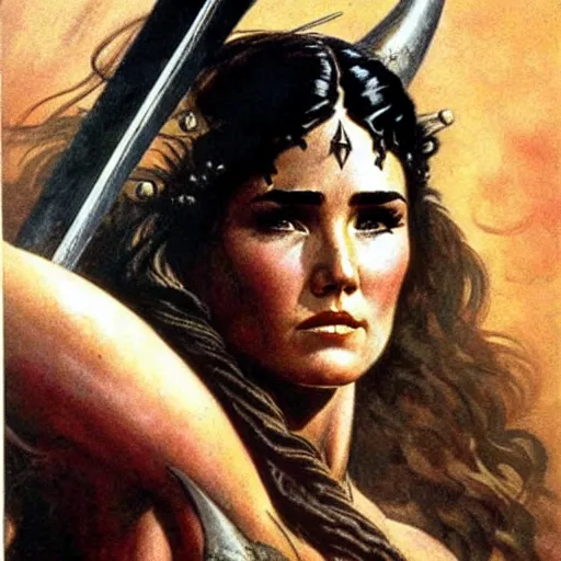 Prompt: jennifer connelly as a warrior maiden by frank frazetta