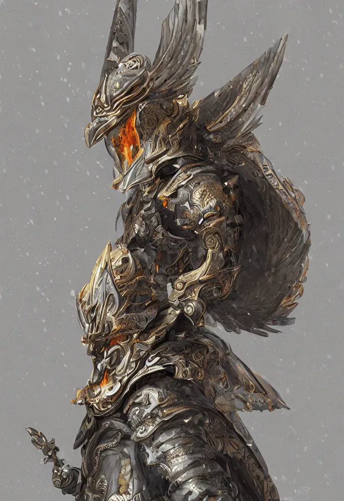 Prompt: a samurai mask worn by an angel with very big wings and a flaming sword standing in the rain, digital art, concept art, deviantart. highly detailed