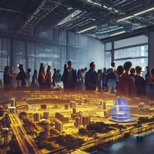 Prompt: large group people in a warehouse, looking at hologram model of futuristic city on a table, cinematic concept art, godrays, golden hour, natural sunlight, 4 k, clear details, tabletop model buildings, tabletop model, hologram center