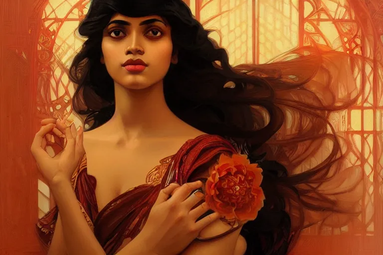 Image similar to sensual bengali girl, art deco portrait, elegant, intricate, digital painting, artstation, concept art, smooth, sharp focus, illustration, art by artgerm and greg rutkowski and alphonse mucha