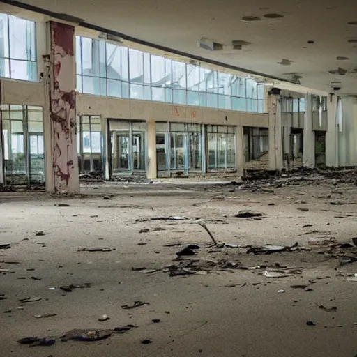 Image similar to an abandoned long forgotten mall with broken windows