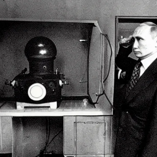 Image similar to Vladimir putin looking at an atomic bomb. polaroid. bleak.