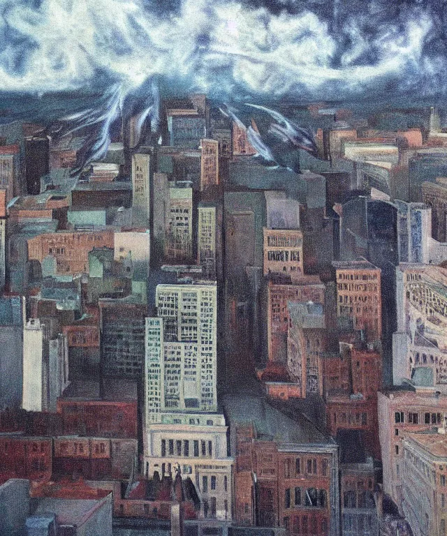 Image similar to horrifying full color photorealistic painting of the view from a 1 9 2 5 hotel terrace balcony overlooking a warped view of downtown boston in 1 9 2 5 with a cosmic sky, dark, atmospheric, brooding, smooth, finely detailed, cinematic, epic, in the style of paul carrick