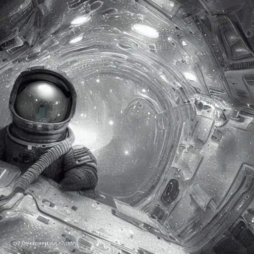 Prompt: concept art by craig mullins astronaut in futuristic dark and empty spaceship. infrared complex and hyperdetailed technical suit design. mandelbulb fractal underwater space. reflection and dispersion materials rays and dispersion of light breaking through the deep water. 5 0 mm, f / 3 2. noise film photo. flash photography