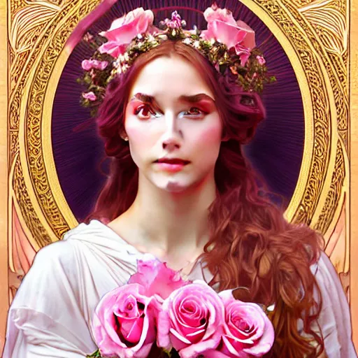 Image similar to perfectly detailed goddess princess of pink roses!! blessed by nature with ever - increasing physical mental perfection, symmetrical! intricate, highly detailed, biblical divine holy perfection!! digital painting, artstation, concept art, smooth, sharp focus, illustration, art by artgerm and greg rutkowski and alphonse mucha