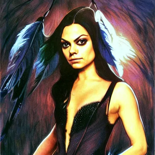 Image similar to mila kunis as the dark swan queen, black feathers instead of hair, feathers growing out of skin, black bodysuit, disney villain, dark fae, moulting, suspended in zero gravity, on spaceship with cables hanging down, highly detailed, mike mignogna, ron cobb, mucha, oil painting