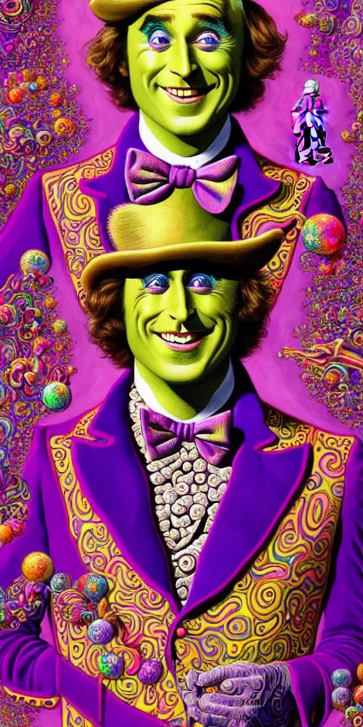Image similar to An extremely psychedelic illustration of willy wonka smiling with his eyes closed in a ornate psychedelic tuxedo, surreal, LSD, happy dreaming face, detailed, intricate, elegant, lithe, highly detailed, digital painting, artstation, full body, character concept art, smooth, sharp focus, illustration, art by Jason Edmiston