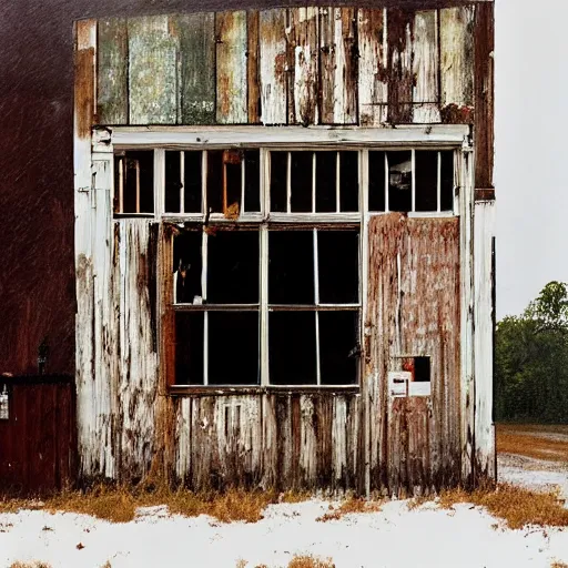 Prompt: an abandoned store's exterior in the middle of nowhere, by william christenberry, ultra detailed, rainy, beautiful