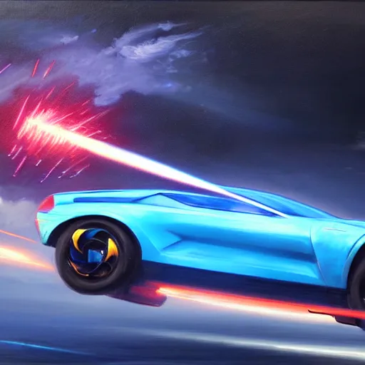 Image similar to Highly detailed oil painting, of a giant mech launching missiles and firing lasers at a moving blue sports car, concept art, highly detailed.