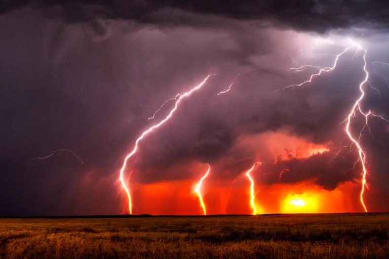 Image similar to a photograph of a tornado tornado tornado, thunderstorm supercell, lightning bolts, illuminated from various angles by setting sun light, cinematic, dramatic lighting, clouds mystic hue