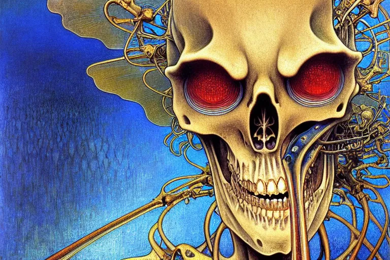 Image similar to realistic detailed closeup portrait painting of a single skeleton wearing a cape in a crowded futuristic street by Jean Delville, Amano, Yves Tanguy, Alphonse Mucha, Ernst Haeckel, Edward Robert Hughes, Roger Dean, rich moody colours, blue eyes