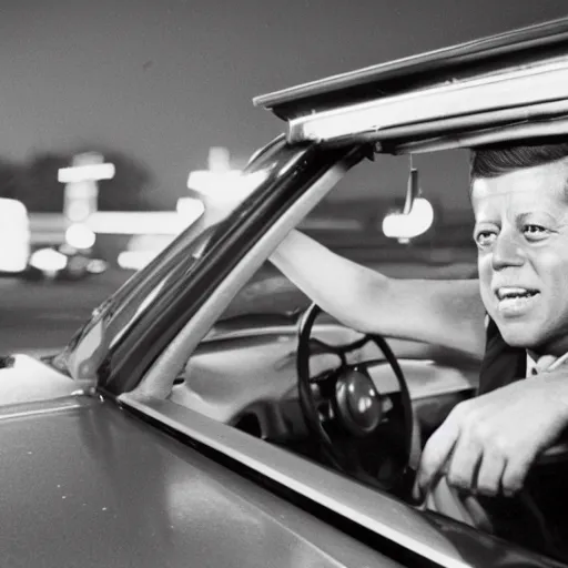 Image similar to JFK working at the mcdonalds drive thru at night, realistic, photorealistic, photograph, 8k, ultra realistic