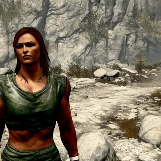 Image similar to character screenshot of ufc ronda rousey dc in skyrim, lydia armor, npc talking, wilderness, 1 0 8 0 p, bokeh, elder scrolls v, detailed, dialog text