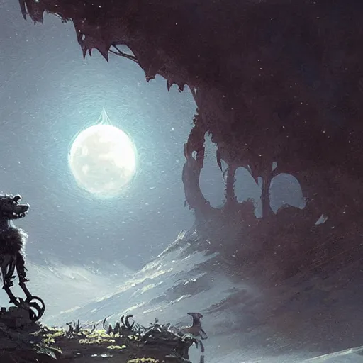 Prompt: A were-robot, howling at the Moon, fantasy art by Greg Rutkowski