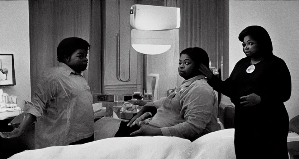 Prompt: cinematic shot from a 1 9 8 5 thriller, a octavia spencer implants device in joe manchin's ear, fancy apartment, film directed by stanley kubrick, color theory, leading lines, photorealistic, volumetric lighting