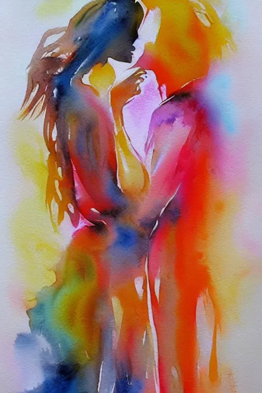 Image similar to couple kissing, romantic watercolor art, abstract, melting into each other, light orange, light pink,