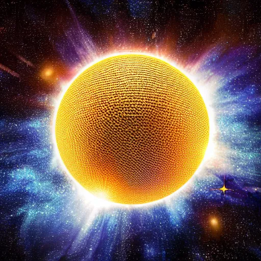 Prompt: a giant blue star inside a golden artificial megastructure, highly detailed artwork, cgi