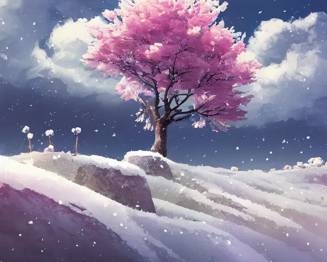 Image similar to snowy rocky field with a sakura tree, petals, cloudy, moodly lighting, snow in wind, illustration, by pine ( ハイネ ) and 薯 子 imoko and 香 川 悠 作 and wlop and maya takamura, highly detailed, trending artstation, pixiv, digital art
