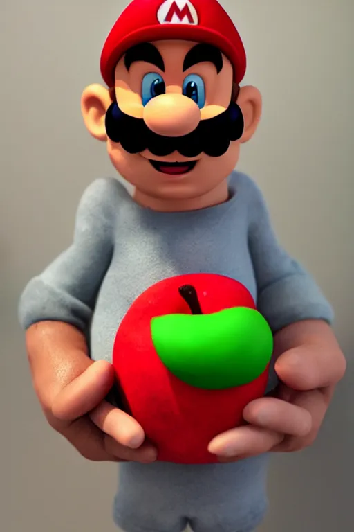 Image similar to claymation mario holding a real apple