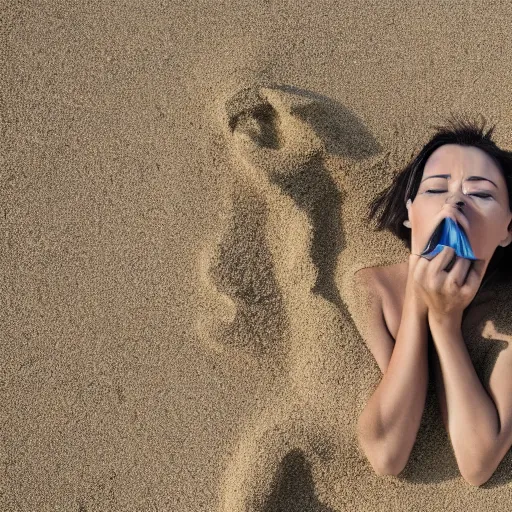 Prompt: A beautiful woman made of sand, blowing away in the wind, high definition photography, professional