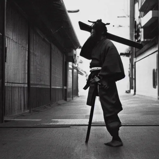 Image similar to an historic photo of a samurai, wandering through neon tokyo