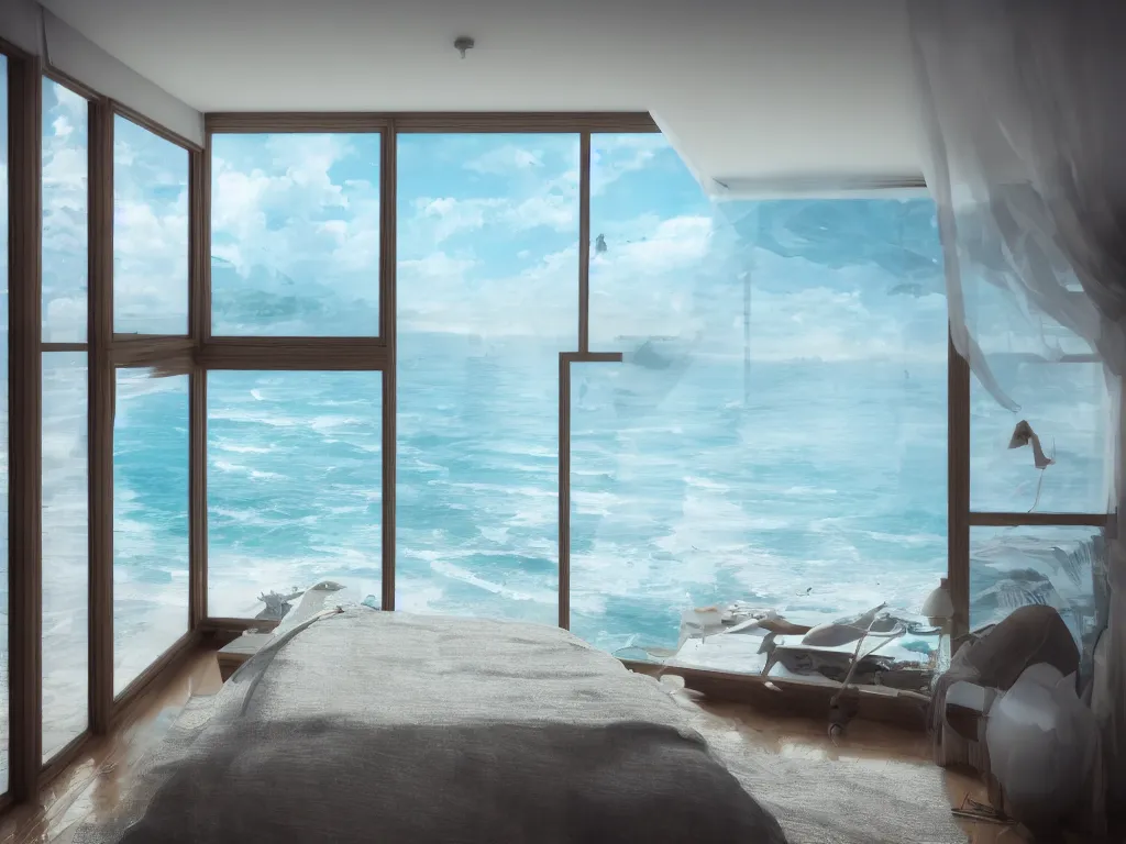 Prompt: photo in a room with an ocean view, aerial photography, exquisite detail, octane render, 8 k postprocessing, concept art, sharp focus,