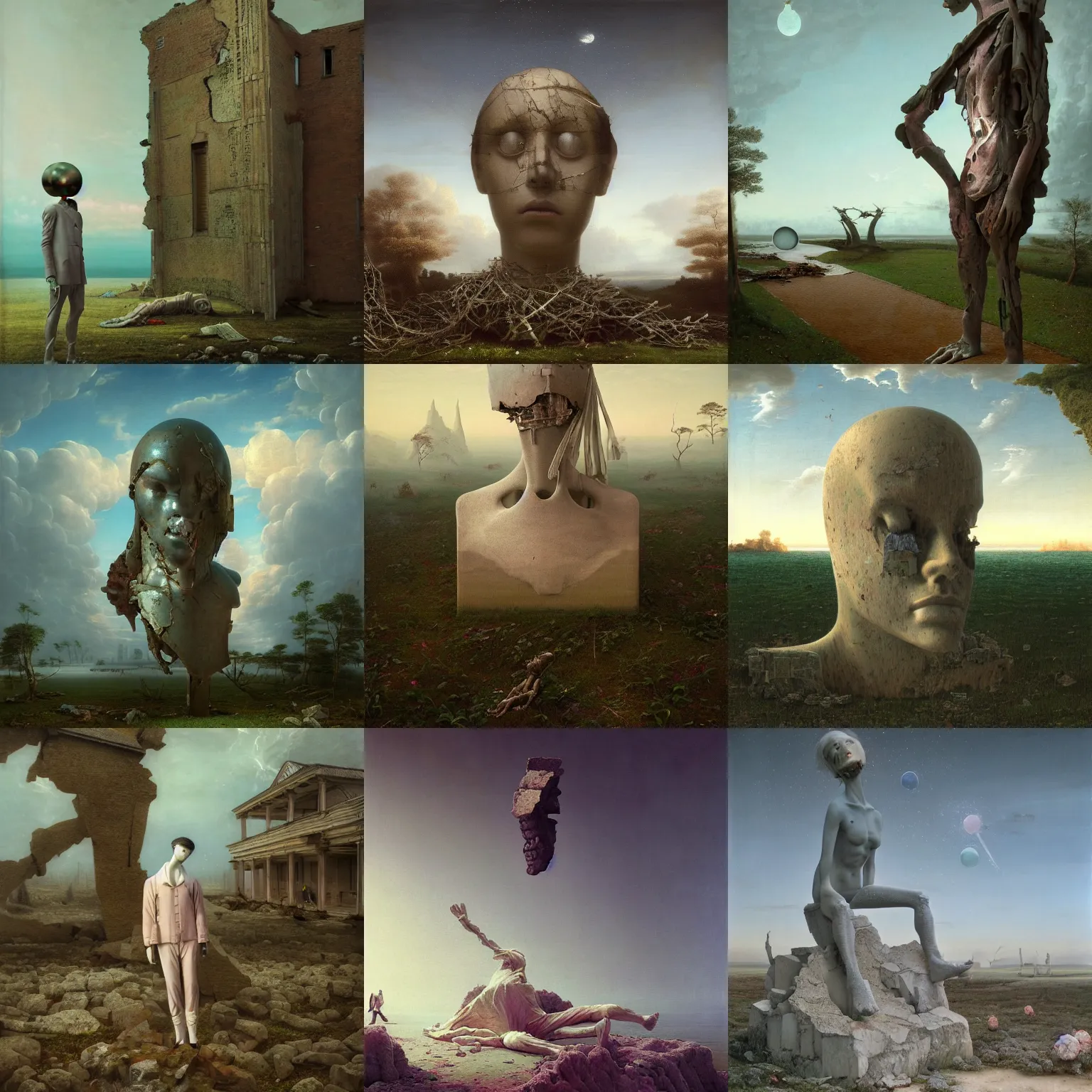 Prompt: whimsical chromatic hyperrealistic surrealism, David Friedrich, award winning masterpiece with incredible details, Zhang Kechun, a surreal vaporwave vaporwave vaporwave vaporwave vaporwave painting by Thomas Cole of a gigantic broken mannequin head sculpture in ruins, astronaut lost in liminal space, highly detailed, trending on ArtStation