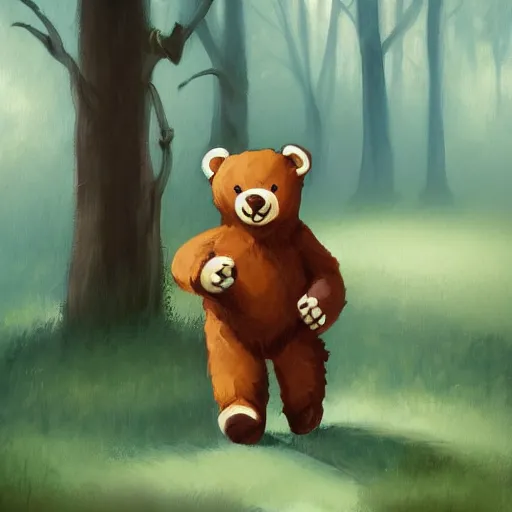 Prompt: a painting teddy bear walking in an ashy forest in the style of Andreas Rocha