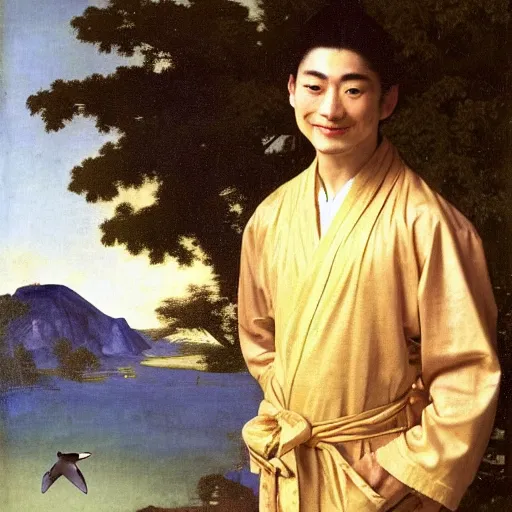 Image similar to A beautiful young Asian man with long shiny hair and big green eyes in a beautiful traditional silk robe standing in a beautiful garden watching a big dolphin that is jumping from the lake, he is a prince and a serious person but is smiling, by Johannes Vermeer, Frank Frazetta and William Adolphe Bouguereau, fantasy, trending on artstation, amazing details, mtg, digital painting, concept art