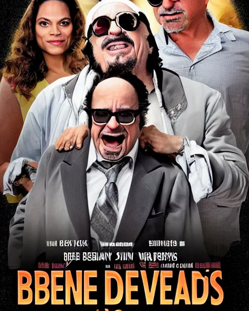 Prompt: movie poster for weekend at bernie's 3, robert downey jr in a wheelchair with dark sunglasses, pallid grey facial flesh, cinematic lighting, rigor mortis inanimate corpse in a wheelchair, movie poster for robert downey starring in weekend at bernie's, bernie goes to vegas with rosario dawson and danny devito