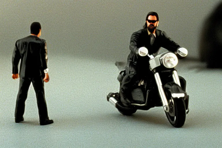 Image similar to beautiful hyperrealism three point perspective film still of Keanu Reeves as neo in bullet time aiming at agent smith in a nice oceanfront promenade motorcycle chase scene in Matrix meets ronin(1990) extreme closeup portrait in style of 1990s frontiers in translucent porcelain miniature street photography fashion edition,, tilt shift style scene background, soft lighting, Kodak Portra 400, cinematic style, telephoto by Emmanuel Lubezki