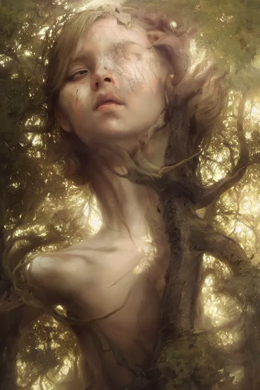 Prompt: breathtaking detailed soft painting of an ashy face and hair ecusson and crystal arms, a canon where i fall through the light air and trees melee, rembrandt style, elegant, highly detailed, artstation, concept art, matte, sharp focus, art by tom bagshaw, and greg rutkowski